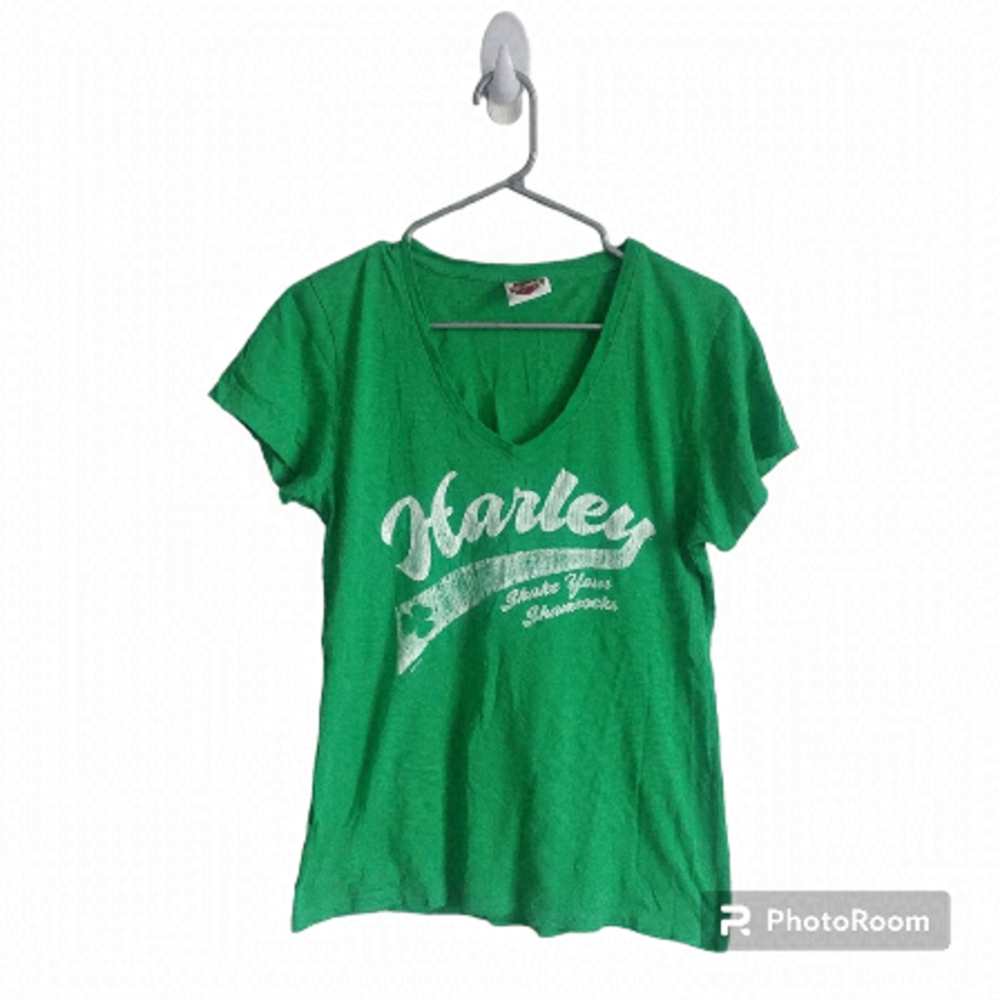 Harley‎ Davidson Green Shamrocks V-Neck T-shirt M St. Patrick's Day